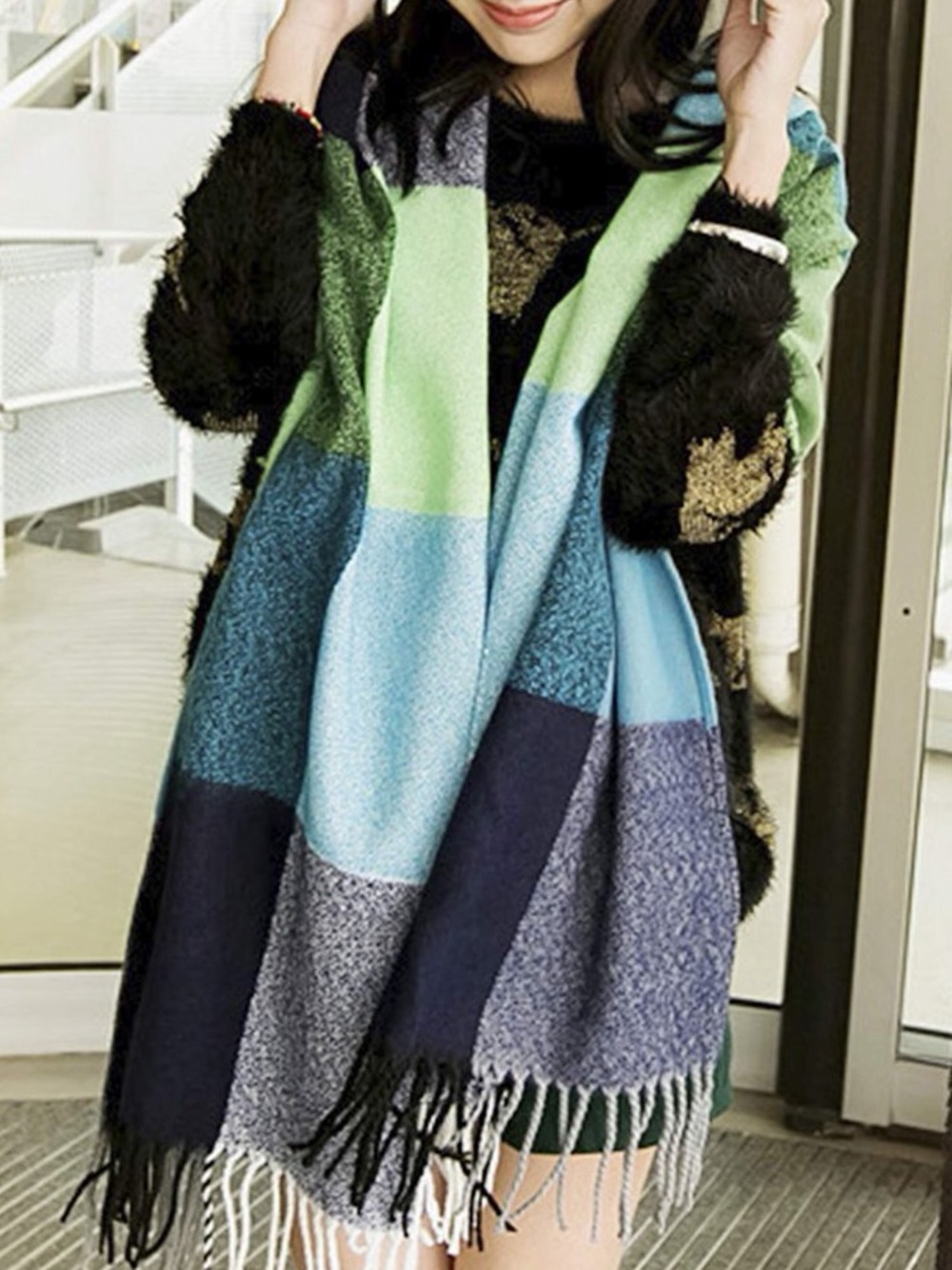 Green and Blue Color Block Plaid Fringe Scarf Wrap